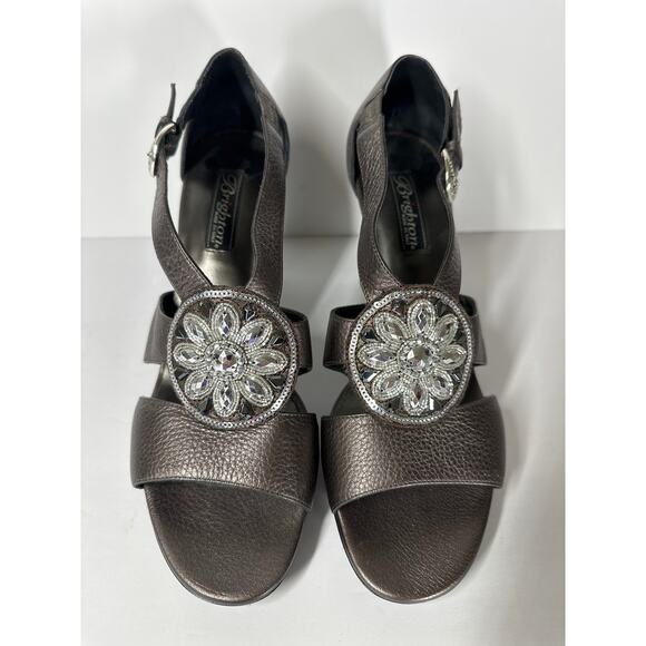 Brighton Viva Metallic Bronze Leather Heels Open Toe Dress Shoes Sz 10 Straps - Picture 1 of 12
